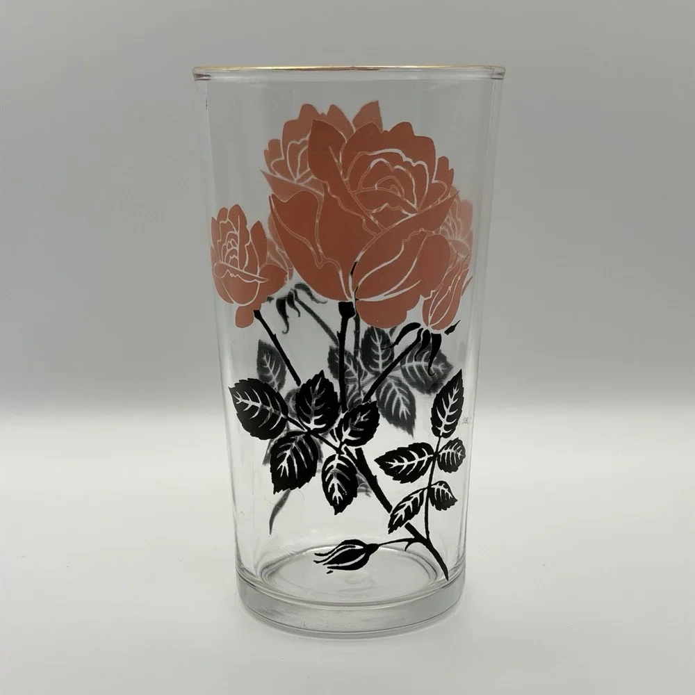 Vintage‎ Pink Rose Glasses Set of 6 Highball Gold Rim Floral Tumblers 1960s MCM